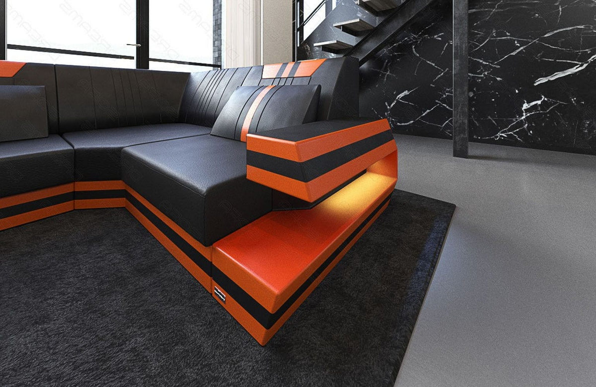 Wohnlandschaft Ravenna U-Form in Leder schwarz-orange