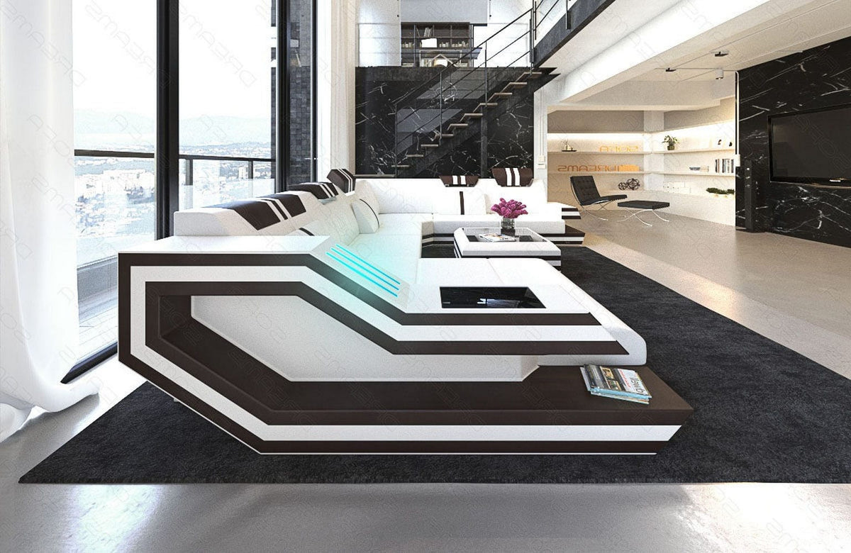 XXL Wohnlandschaft Ravenna U-Form aus Leder weiß-dunkelbraun