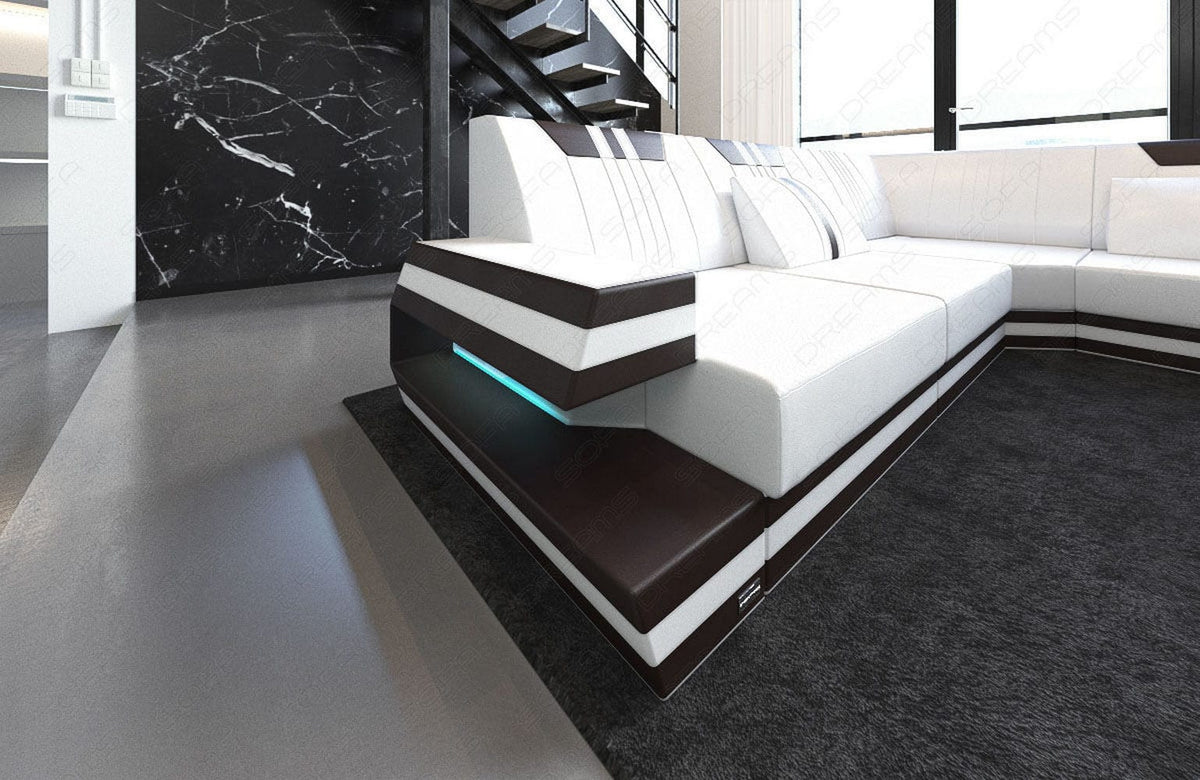 XXL Wohnlandschaft Ravenna U-Form aus Leder weiß-dunkelbraun