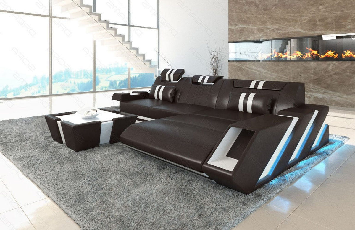 Ecksofa Apollonia L-Form aus Leder dunkelbraun-weiß