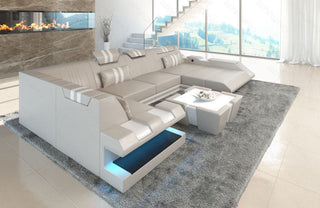 Wohnlandschaft Couch Apollonia U-Form in Leder beige-weiß