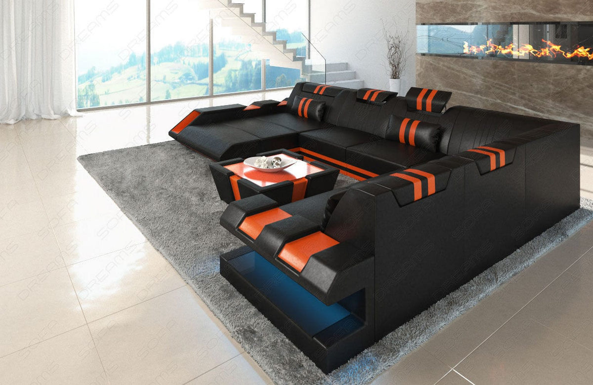 XXL Wohnlandschaft Apollonia U-Form aus Leder schwarz-orange