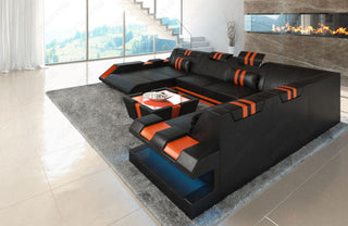 XXL Wohnlandschaft Apollonia U-Form aus Leder schwarz-orange