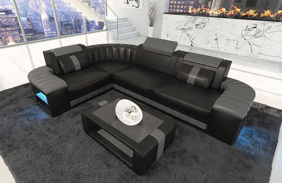 Mini Sofa Bergamo L-Form in Leder Schwarz-Grau