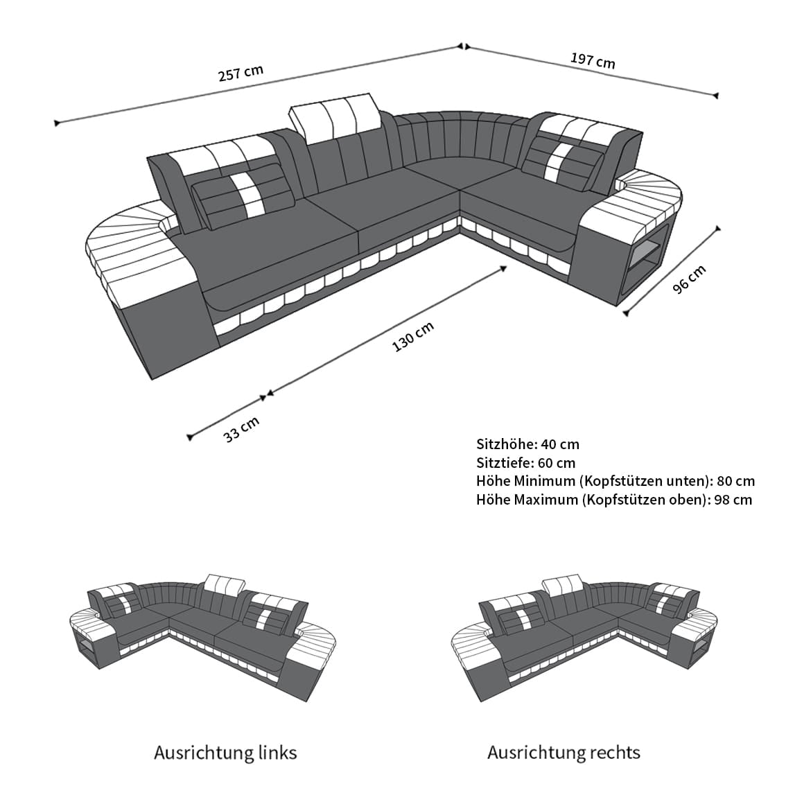 Mini Sofa Bergamo L-Form in Leder Schwarz-Grau