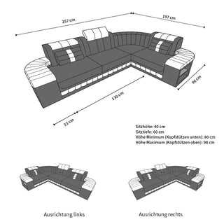 Mini Sofa Bergamo L-Form in Leder Schwarz-Grau