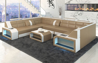 Mini Wohnlandschaft Pesaro U-Form aus Leder Sandbeige-Weiß