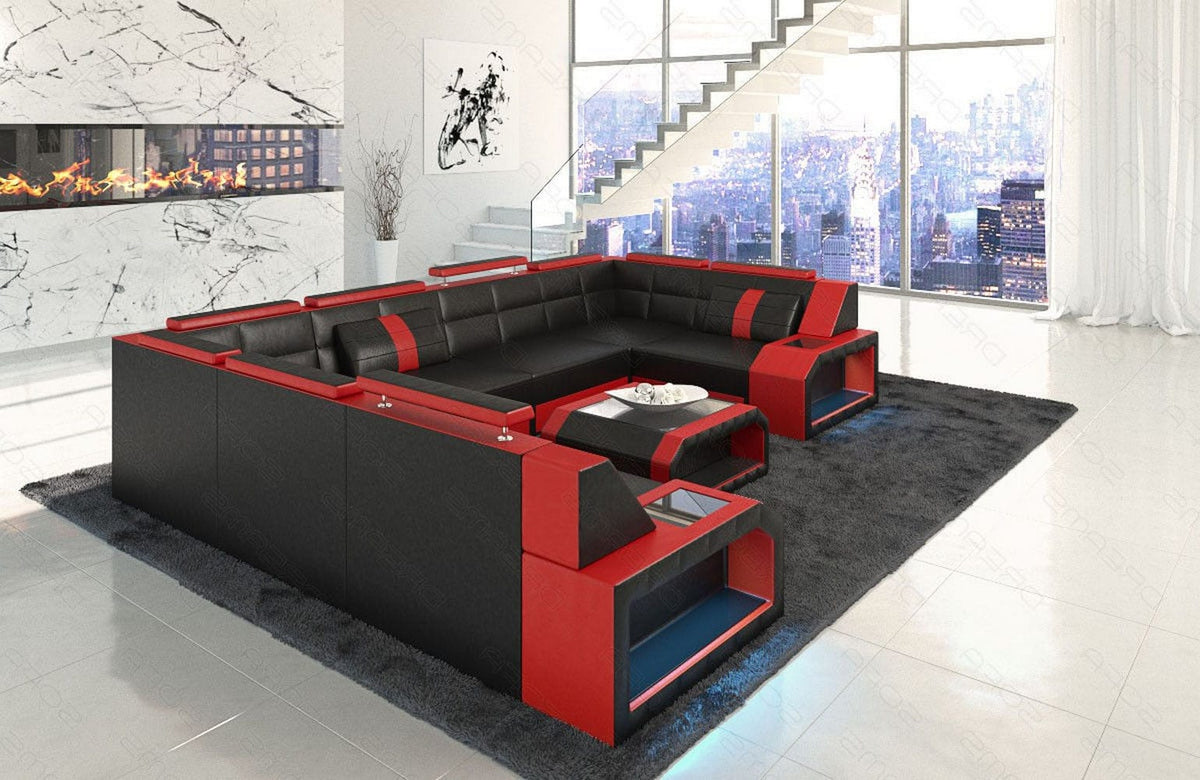 Wohnlandschaft Pesaro U-Form aus Leder schwarz-rot