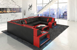 Wohnlandschaft Pesaro U-Form aus Leder schwarz-rot