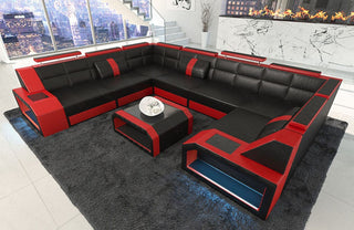 Wohnlandschaft Pesaro U-Form aus Leder schwarz-rot