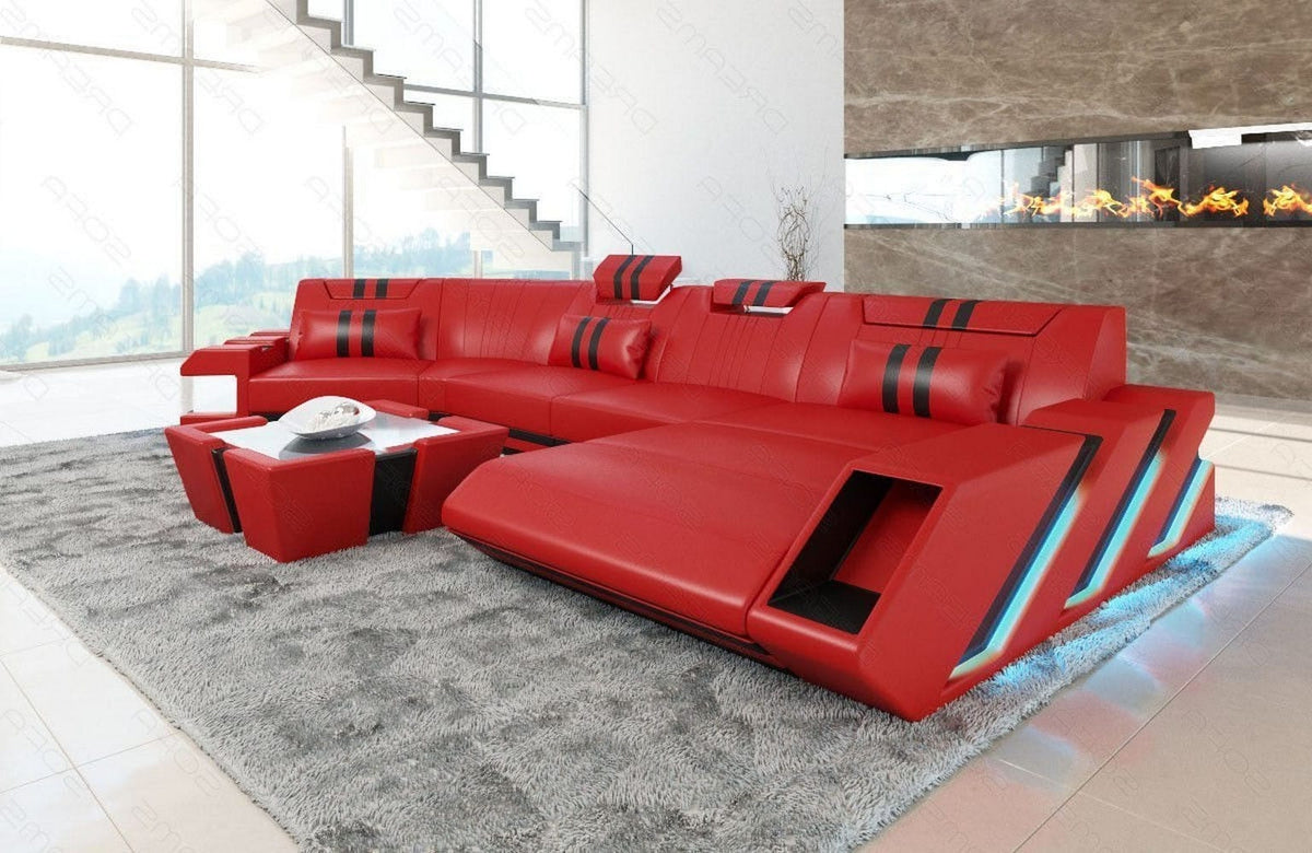Leder Couch Apollonia C-Form rot-schwarz