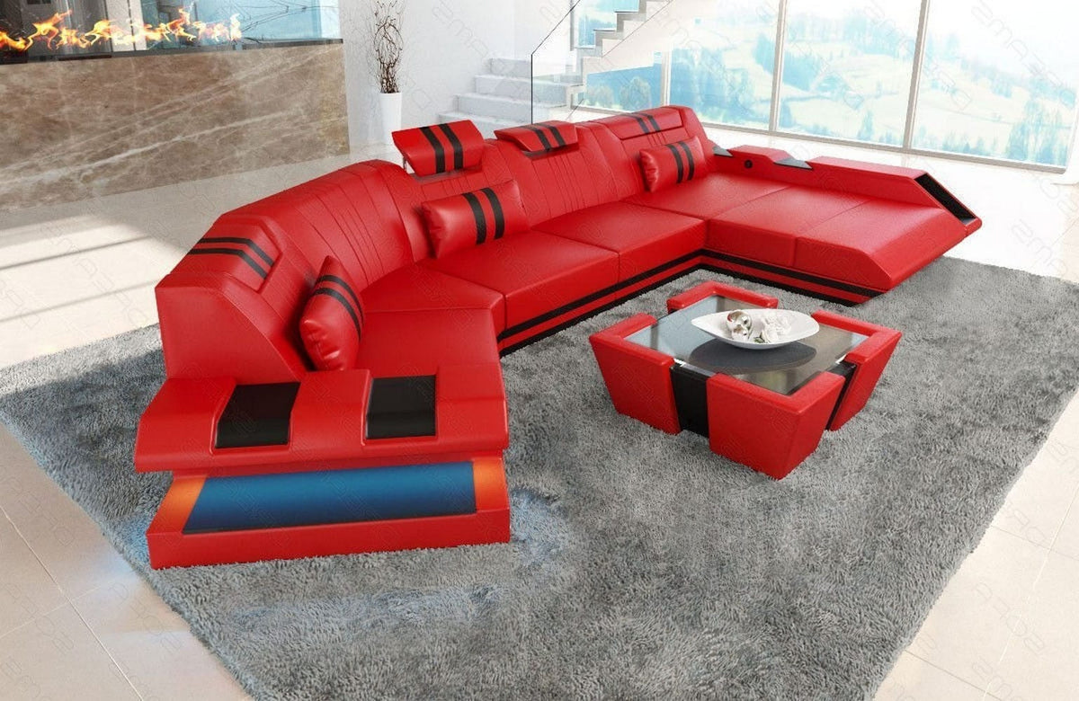 Leder Couch Apollonia C-Form rot-schwarz