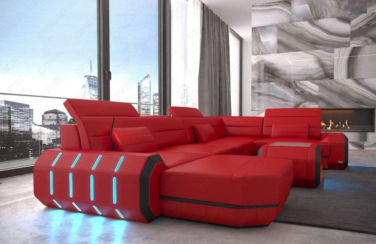 Wohnlandschaft Roma XL U-Form in Leder rot-schwarz