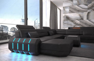 Mini XL Wohnlandschaft Roma U-Form aus Leder Schwarz