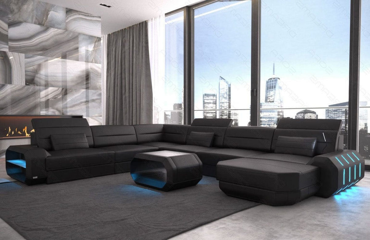 XL Wohnlandschaft Roma U-Form in Leder schwarz