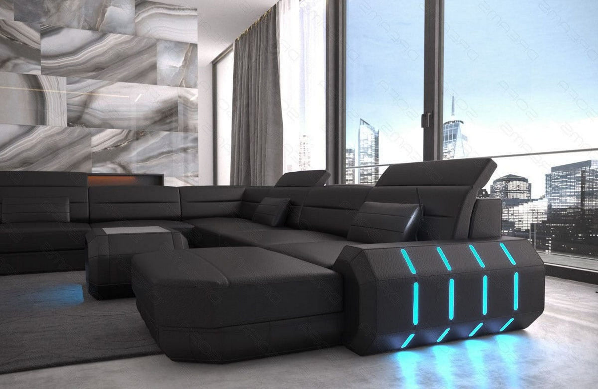 XL Wohnlandschaft Roma U-Form in Leder schwarz
