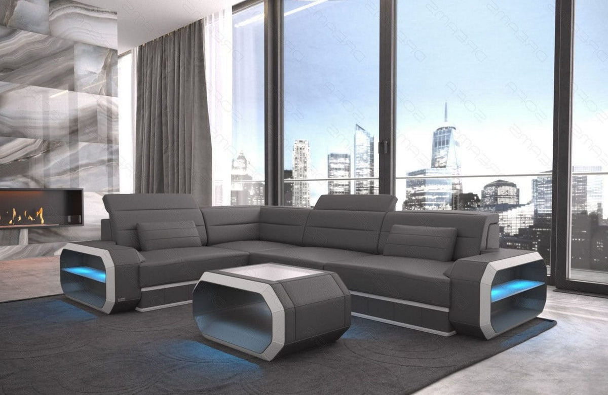 Couch Verona L-Form in Leder grau-weiß