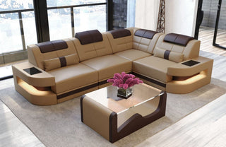 Mini Couch Como L-Form in Leder Sandbeige-Dunkelbraun