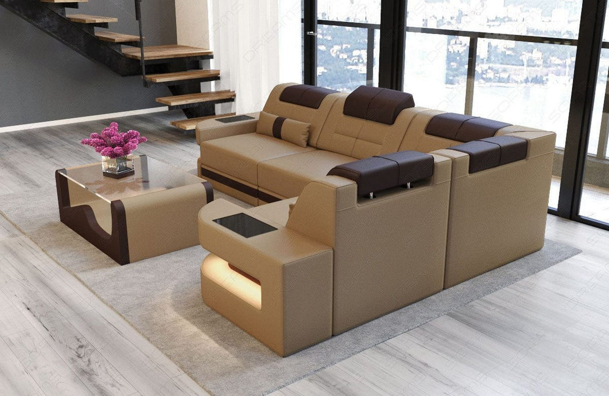 Mini Couch Como L-Form in Leder Sandbeige-Dunkelbraun
