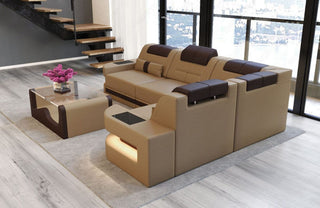 Mini Couch Como L-Form in Leder Sandbeige-Dunkelbraun