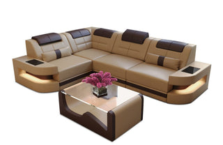 Mini Couch Como L-Form in Leder Sandbeige-Dunkelbraun