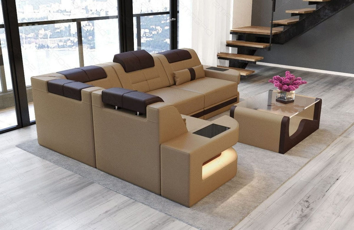 Ecksofa Como L-Form in Leder sandbeige-dunkelbraun