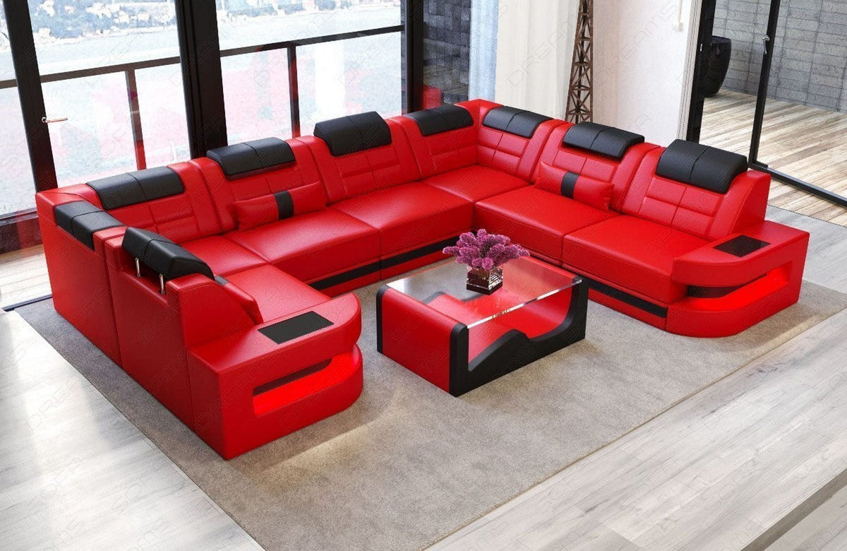 Wohnlandschaft Como U-Form in Leder rot-schwarz