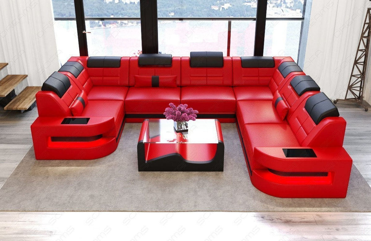 Wohnlandschaft Como U-Form in Leder rot-schwarz