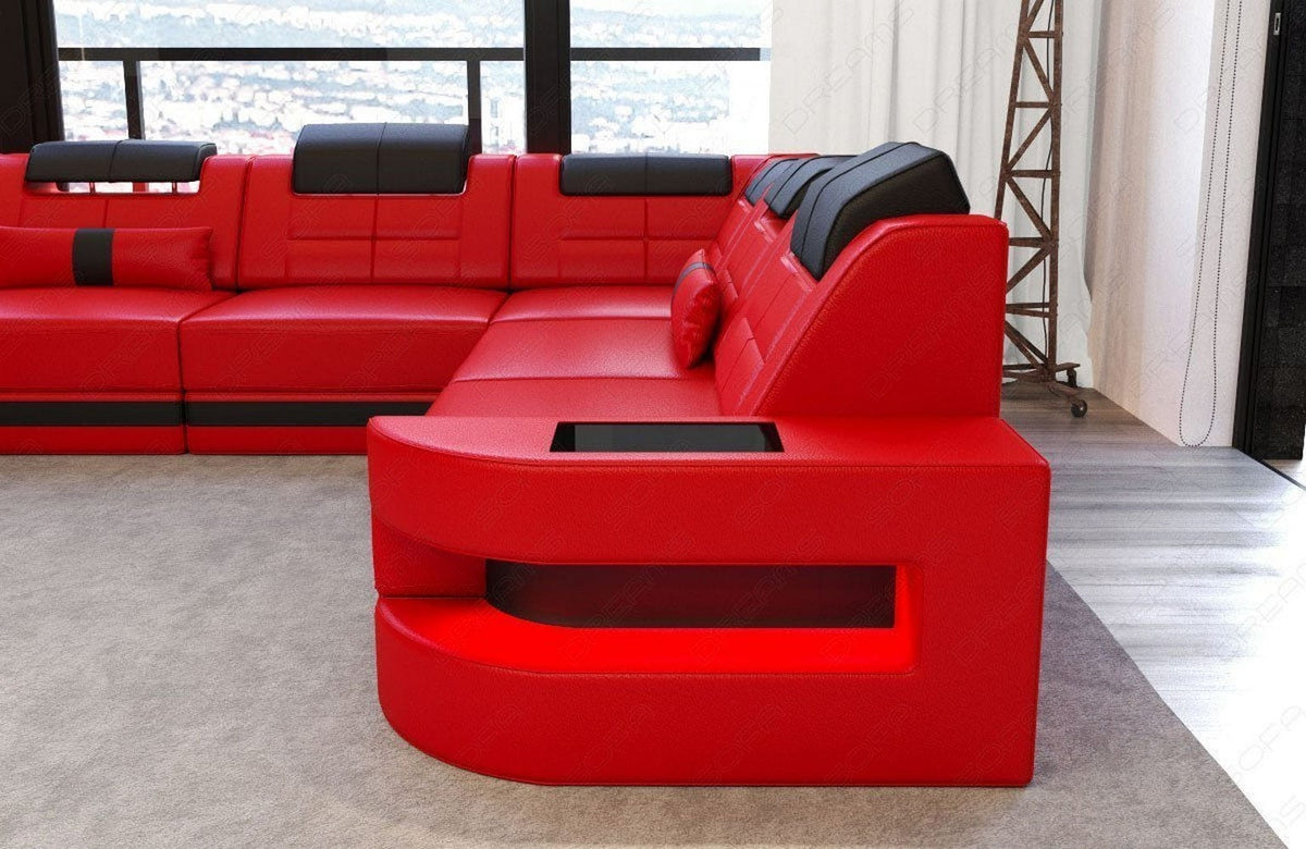 Wohnlandschaft Como U-Form in Leder rot-schwarz