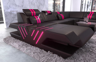Wohnlandschaft Venedig U-Form in Leder schwarz-pink