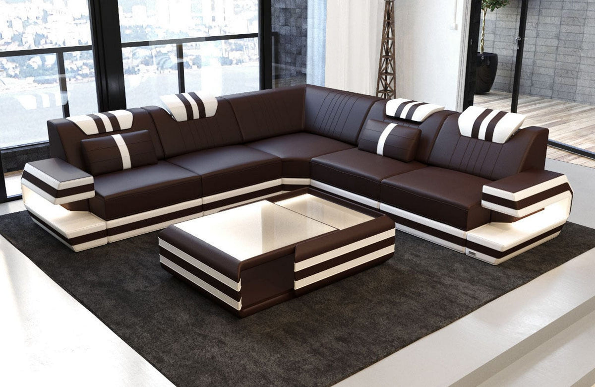 Ecksofa Ragusa Edles L-Form aus Leder dunkelbraun-weiß