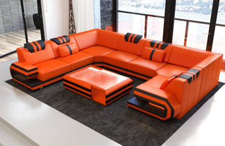 Designsofa Ragusa U-Form aus Leder orange-schwarz
