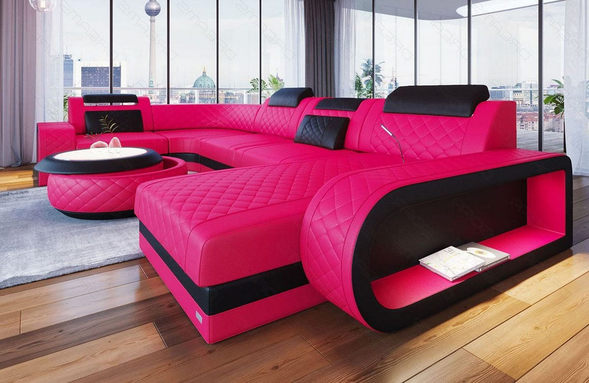 Mini Wohnlandschaft Berlin U-Form aus Leder Pink-Schwarz
