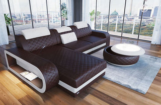 Mini Ecksofa Berlin L-Form in Leder Dunkelbraun-Weiß