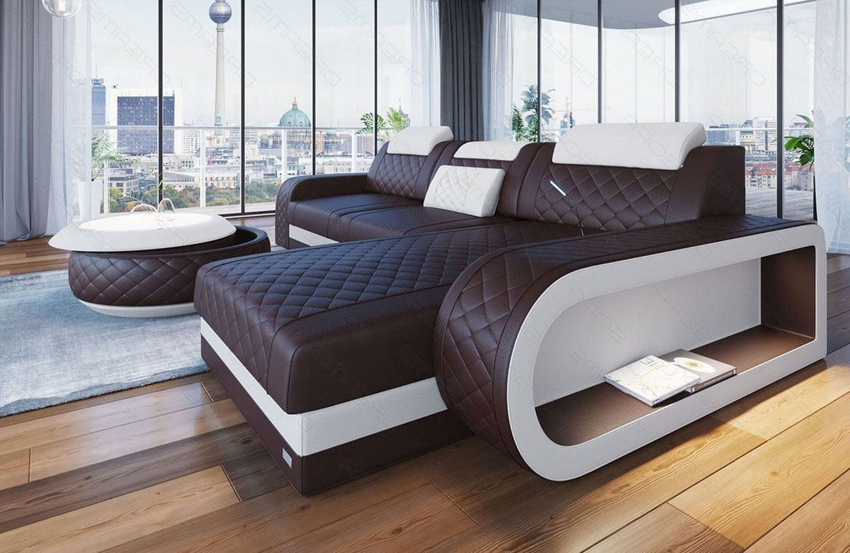 Ecksofa Berlin L-Form in Leder dunkelbraun-weiß