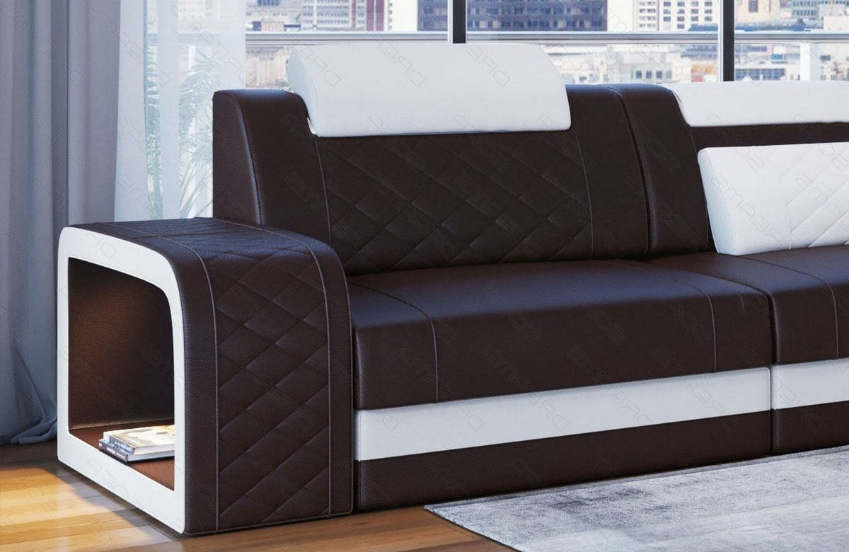 Ecksofa Berlin L-Form in Leder dunkelbraun-weiß