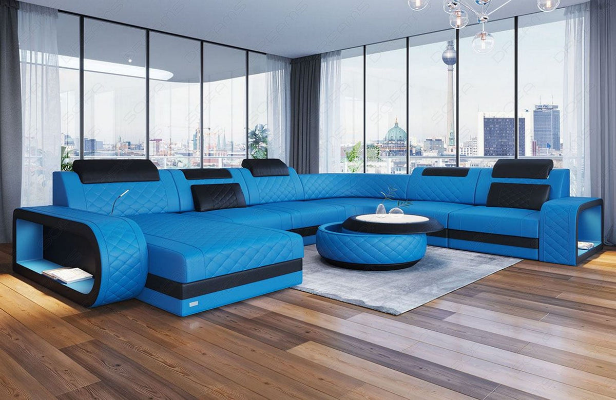 Mini XXL Wohnlandschaft Berlin U-Form aus Leder Blau-Schwarz