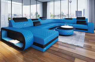 Mini XXL Wohnlandschaft Berlin U-Form aus Leder Blau-Schwarz
