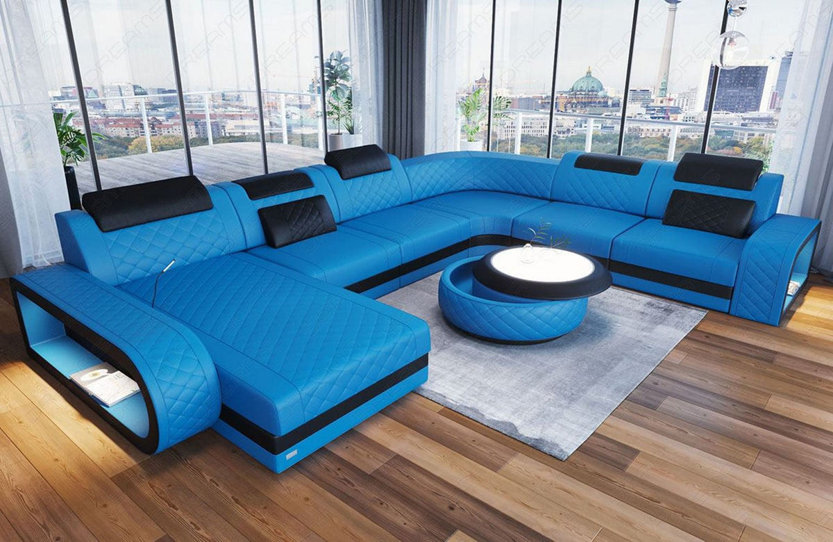 Mini XXL Wohnlandschaft Berlin U-Form aus Leder Blau-Schwarz