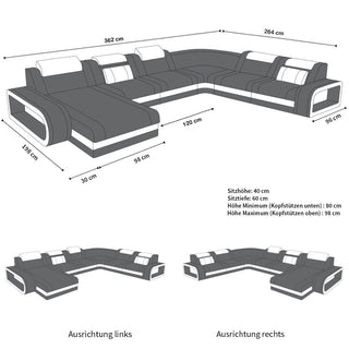 Mini XXL Wohnlandschaft Berlin U-Form aus Leder Blau-Schwarz