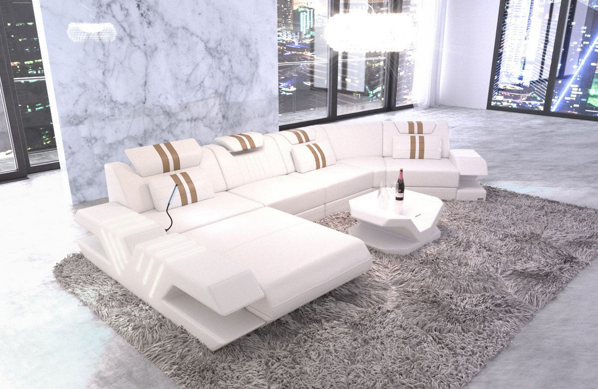Sofa Venedig C-Form in Leder weiß-sandbeige