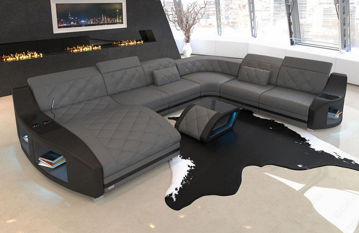 XXL Wohnlandschaft Swing U-Form aus Leder grau-schwarz
