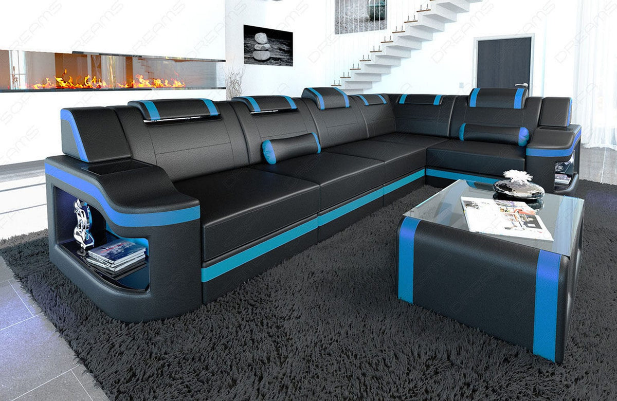 Mini Ecksofa Padua L-Form aus Leder Schwarz-Blau