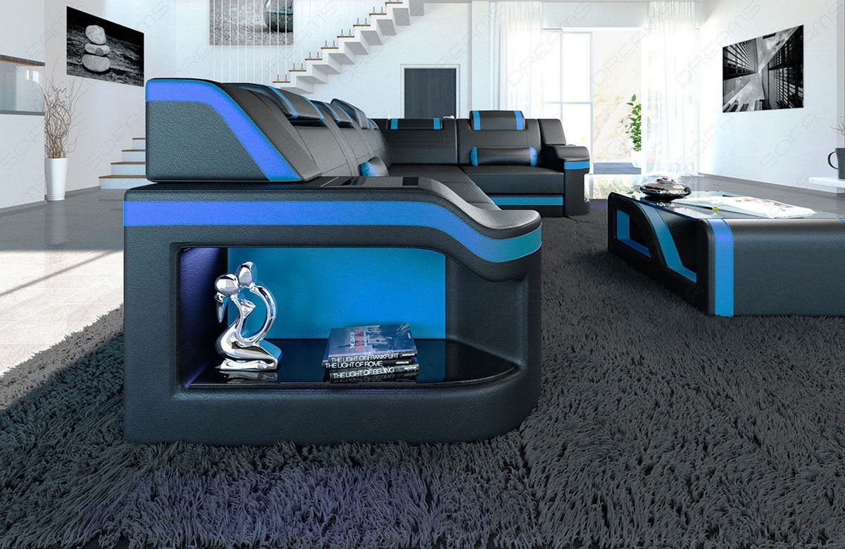 Mini Ecksofa Padua L-Form aus Leder Schwarz-Blau