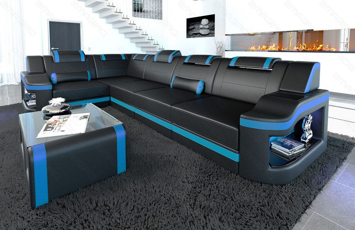 Ecksofa Padua L-Form in Leder schwarz-blau