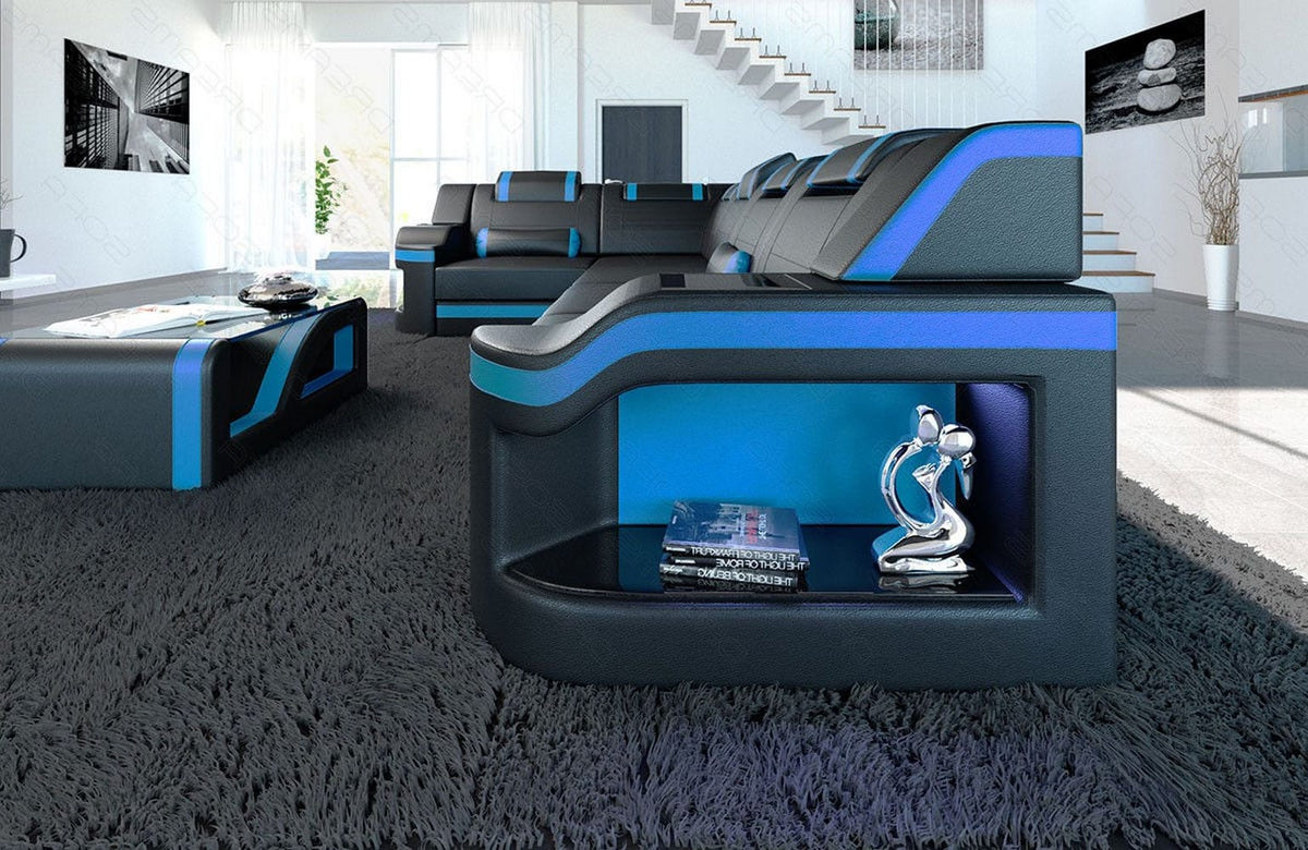 Ecksofa Padua L-Form in Leder schwarz-blau