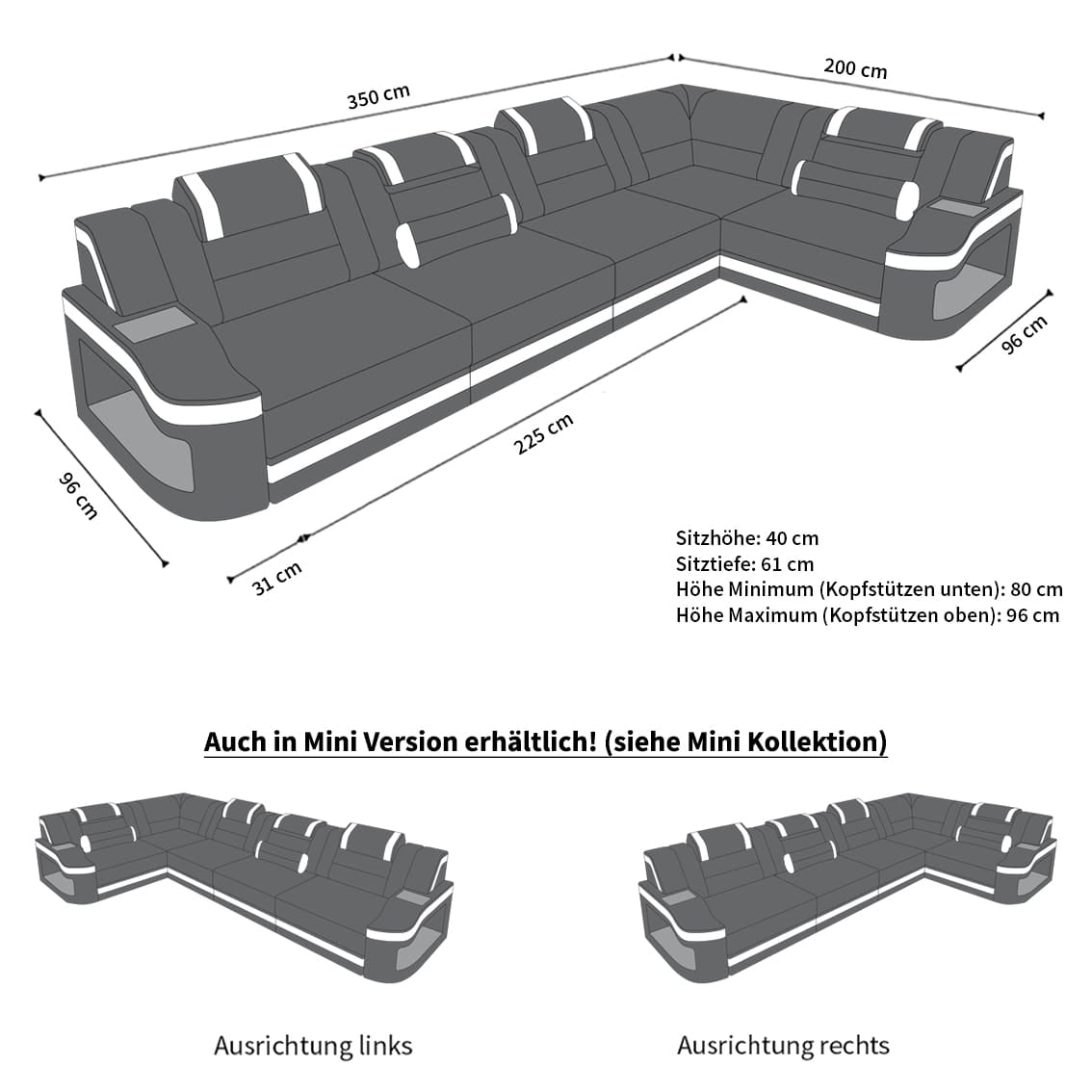 Ecksofa Padua L-Form in Leder schwarz-blau