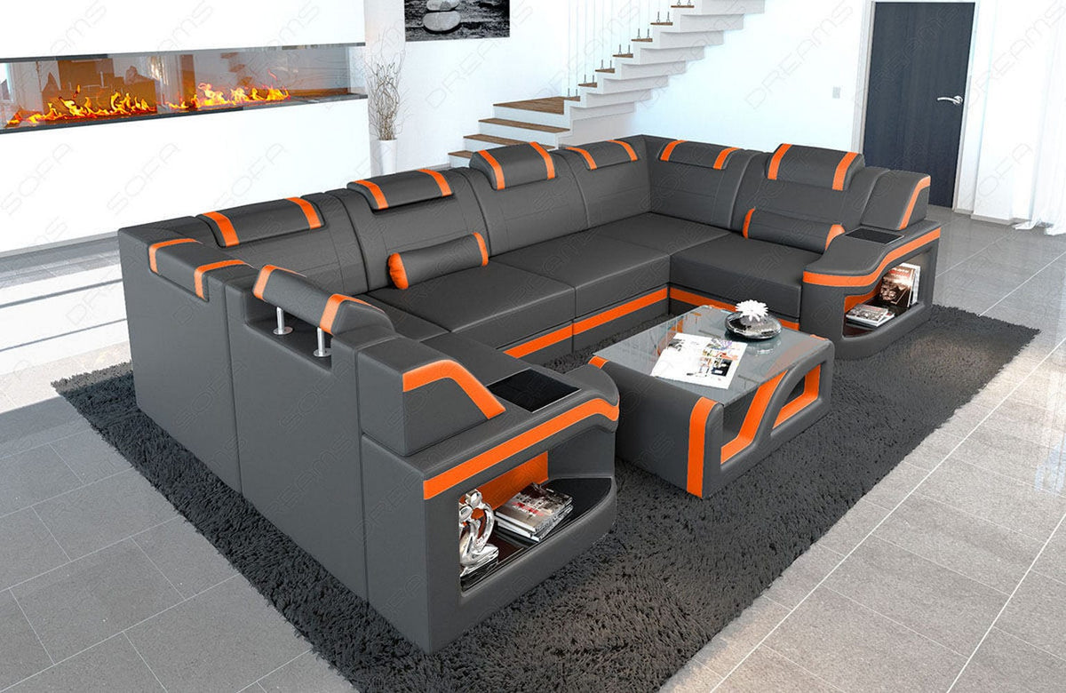Designsofa Padua U-Form aus Leder grau-orange