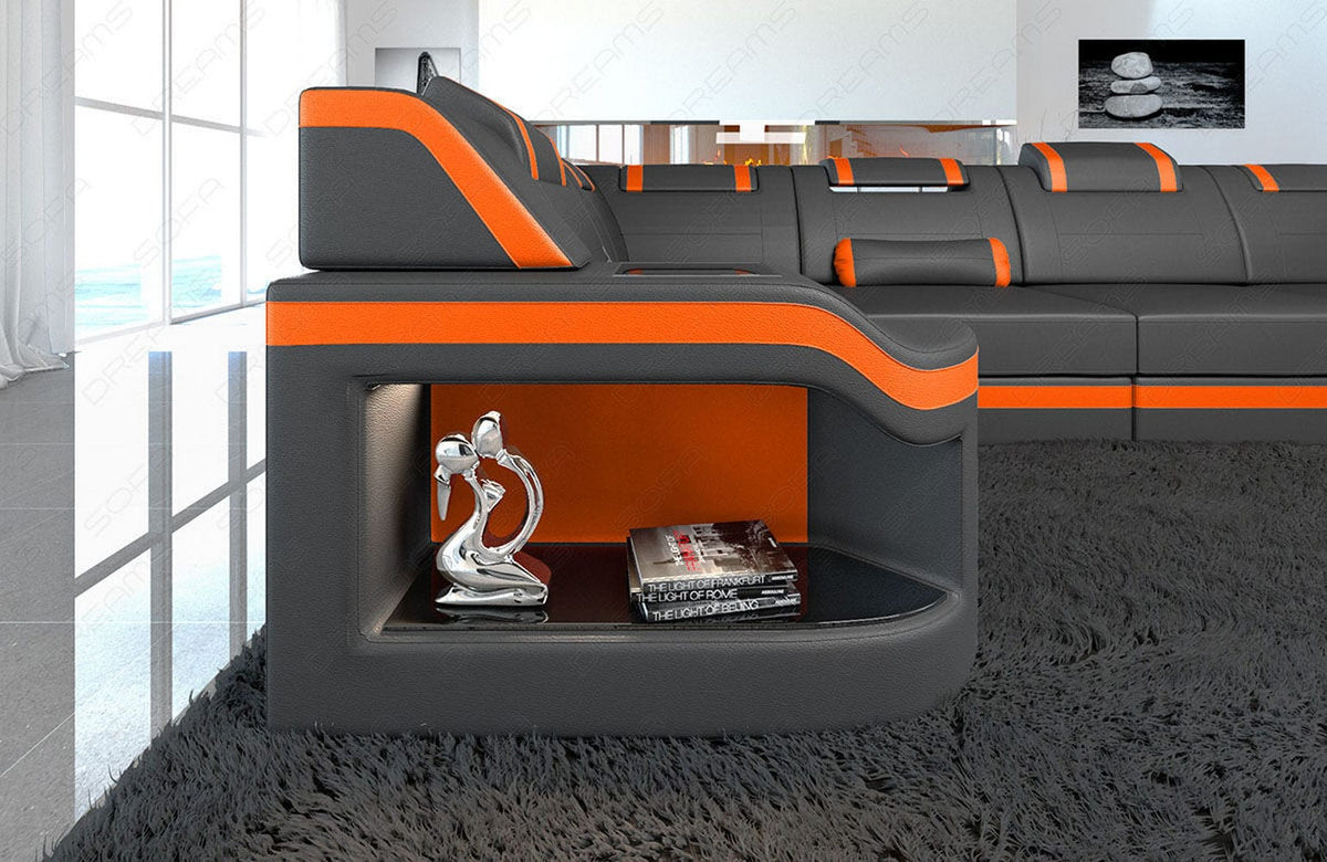 Designsofa Padua U-Form aus Leder grau-orange