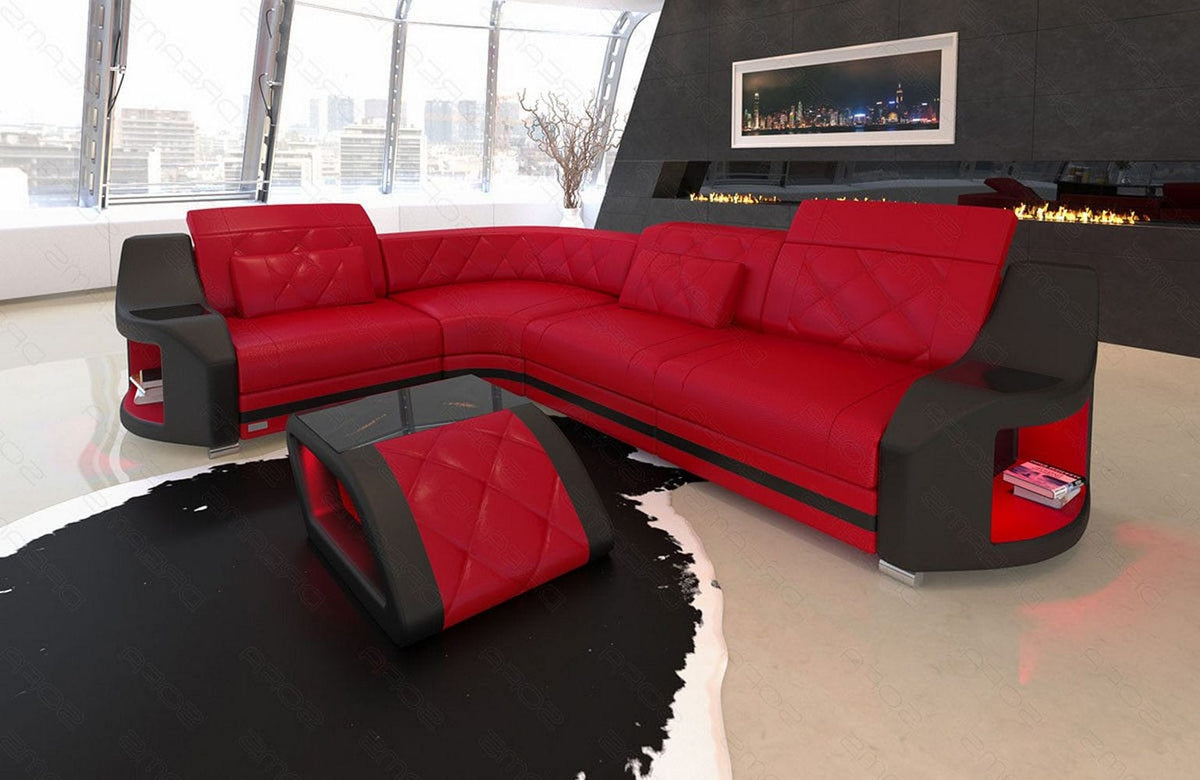 Ecksofa Genua L-Form in Leder rot-schwarz